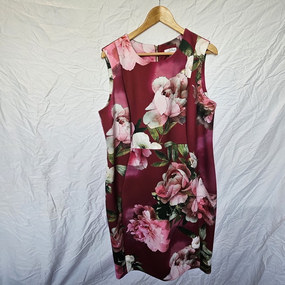 Calvin Klein Pink and Red Sheath Dress Sleeveless Crew Neck Midi